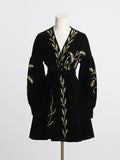 Momentlover Tied Waist Embroidered Puff Sleeves Loose V-Neck Mini Dresses
