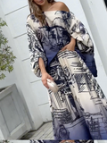 Momentlover Printed Wide Leg Puff Sleeves Off-the-shoulder Two-Piece Sets Pants Blouses