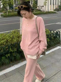 Momentlover Casual Loose Solid Color Round-Neck Sweater Tops & Wide Leg Pants Suits