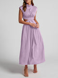 Momentlover Solid Color Pleated Belly-Hollow Cap Sleeve Stand Collar Maxi Dresses