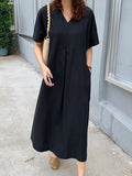 Momentlover Loose Solid Color V-Neck Pleated With Pockets Midi Dresses