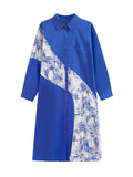 Momentlover Printed Buttoned Asymmetric Loose Long Sleeves Lapel Shirt Dress Midi Dresses