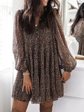 Momentlover Pleated Leopard Buttoned Puff Sleeves Loose V-Neck Mini Dresses