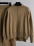 Momentlover Stylish High-Low Long Sleeves Split-Side Solid Half Turtleneck Sweater Tops & Wide Leg Pants Two Pieces Set