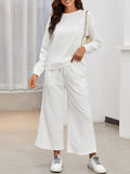 Momentlover Solid Color Long Sleeves Loose Round-Neck Shirts Top + Drawstring Pants Bottom Two Pieces Set