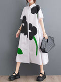 Momentlover Floral Printed Buttoned Short Sleeves Loose Lapel Collar Midi Dresses