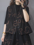 Momentlover Vintage Plaid Letter Print Jean Pants Bottoms Vest Top Two Pieces Set