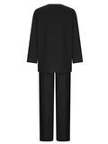 Momentlover Loose Solid Color Long Sleeves Round-neck Shirts Top + Drawstring Pants Bottom Two Pieces Set