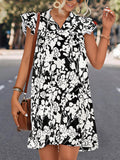 Momentlover Tied Split-Joint Printed Short Sleeves Ruffle Sleeves V-Neck Mini Dresses