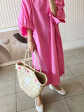 Momentlover Causal Plus Size Pleated Raglan Sleeve V-Neck Midi Dress
