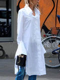 Momentlover Casual Flared Sleeves Long Sleeves Split-Side Solid Color Lapel Collar Blouses Shirt Dress