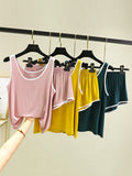Momentlover Home Wear Loose Sleeveless Contrast Color Round-Neck Vest&Shorts Pajamas Set