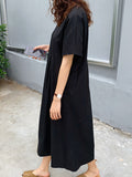Momentlover Loose Solid Color V-Neck Pleated With Pockets Midi Dresses