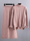 Momentlover Loose Long Sleeves Split-Side Solid High-Low Half Turtleneck Sweater Tops & Wide Leg Pants Two Pieces Set