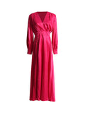 Momentlover Zipper Split-Side Buttoned Puff Sleeves Loose Deep V-Neck Maxi Dresses