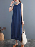 Momentlover Simple Denim Blue Round-Neck Buttoned Sleeveless Midi Dress