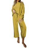 Momentlover Solid Color Long Sleeves Loose Round-Neck Shirts Top + Drawstring Pants Bottom Two Pieces Set