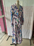 Momentlover Flower Print High Waisted Long Sleeves Tied Waist V-Neck Shirts Top + Pants Bottom Two Pieces Set