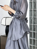Momentlover Solid Color Long Sleeves Tied Waist Blouse + Loose Elasticity Waist Skirt Two Pieces Set