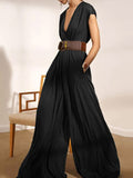 Momentlover Urban Loose Wide Leg Solid Color V-Neck Jumpsuits Bottoms