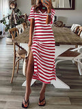 Momentlover Striped Split-Side Printed Short Sleeves Loose V-Neck Midi Dresses