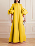 Momentlover Loose Flower Shape Solid Color Stand Collar Lantern Sleeves Maxi Dresses