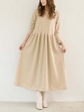 Momentlover Casual Loose Long Sleeves Solid Color Round-Neck Midi Dresses