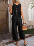 Momentlover Loose Sleeveless Pockets Solid Color Round-Neck Vest Top&Pants Two Pieces Pants Set
