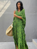 Momentlover Green Leopard V-Neck Split-Side Batwing Sleeves Maxi Dress