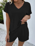 Momentlover Striped Solid Color Short Sleeves T-shirt + Elasticity Shorts Pajama Sets
