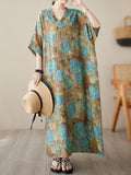 Momentlover Printed Short Sleeves Loose V-Neck Maxi Dresses