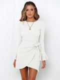 Momentlover Simple Long Sleeves Skinny Tied Falbala Solid Color Round-Neck Mini Dresses
