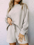 Momentlover Solid Color Long Sleeves Loose Round-Neck Sweatshirt Top + Drawstring Shorts Bottom Two Pieces Set