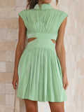 Momentlover Solid Color Pleated Belly-Hollow Skinny Stand Collar Mini Dresses