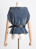 Momentlover Asymmetric Boat Neck Fringed Vest Top+ Belted High Waisted Jeans Bottom Two Pieces Set