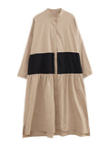 Momentlover Original Creation Long Sleeves Loose Buttoned Contrast Color Stand Collar Midi Dresses