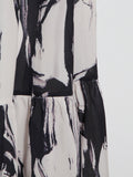Momentlover Tied Split-Joint Printed Hollow Elasticity Puff Sleeves Loose Mock Neck Midi Dresses