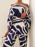 Momentlover Printed Off-The-Shoulder Top + Wide Leg  Pants Two Pieces Set