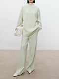 Momentlover Solid Color Long Sleeves High-Neck Sweater Top + Wide Leg Pants Bottom Two Pieces Set