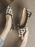 Momentlover Round Cut Pointed-Toe Houndstooth Contrast Color Pumps Mid Heels