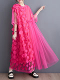 Momentlover Split-Joint Gauze Asymmetric Short Sleeves Loose Round-Neck Midi Dresses