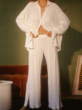 Momentlover Drawstring Pleated Flared Sleeves Long Sleeves Buttoned Solid Color Split-Side Lapel Shirts Top + Pants Bottom Pajama Sets