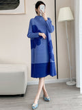 Momentlover Original Long Sleeves Loose Contrast Color Pleated Beaded Stand Collar Midi Dresses