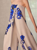 Momentlover Loose Wide Leg Flower Print Pleated Wide Side Tube Jumpsuits Bottoms