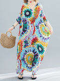 Momentlover Vintage Loose Tie-Dyed Batwing Sleeves V-Neck Maxi Dress