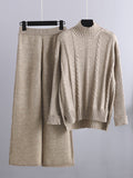 Momentlover Loose Long Sleeves Split-Side Solid High-Low Half Turtleneck Sweater Tops & Wide Leg Pants Two Pieces Set