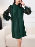 Momentlover Solid Color Pleated Embroidered Loose Long Sleeves Round-neck Midi Dresses
