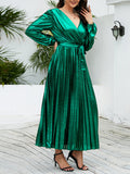 Momentlover Tied Waist Solid Color Pleated Elasticity Bronzing Puff Sleeves Loose V-Neck Midi Dresses