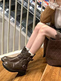 Momentlover Zipper Split-Joint Round-Toe Belt Buckle Boots