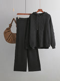 Momentlover Urban Loose Solid Color Hooded High-Low Sweater Tops & Wide Leg Pants Two Pieces Set